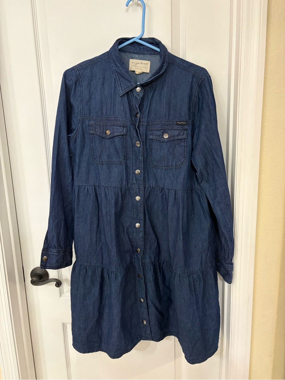 Evy’s Tree The Cora Chambray Denim Tiered Shirt Dress Large Snap Front Pockets